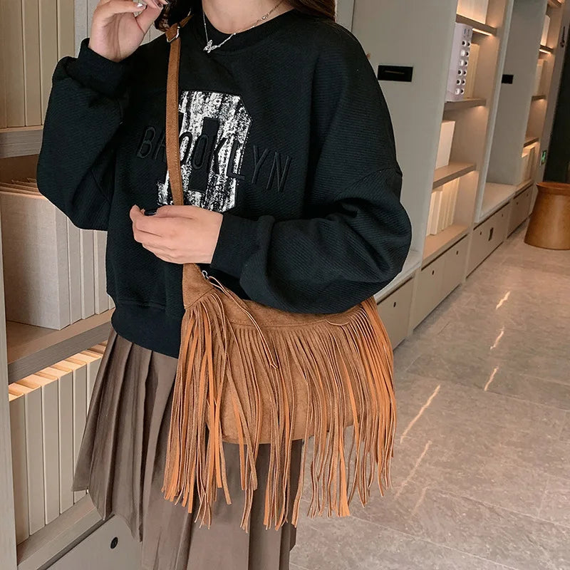 Autumn Winter Deerskin Velvet Tassel Shoulder Bag Vintage Large