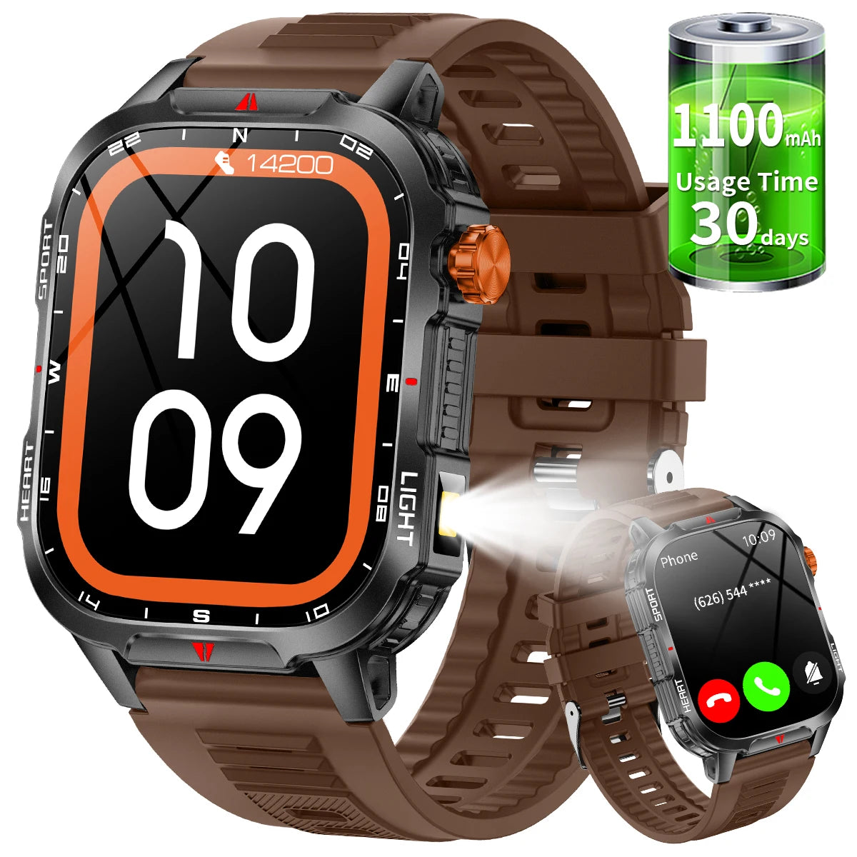 New Smart Watch Waterproof 2.01-inch Screen Flashlight Compass 1100mAh