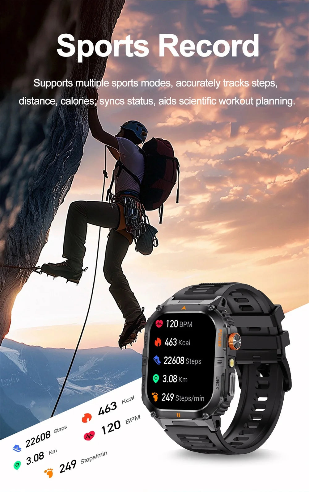 Newest Clock Outdoor Sports Smart Watch LED Flashlight Waterproof Heart