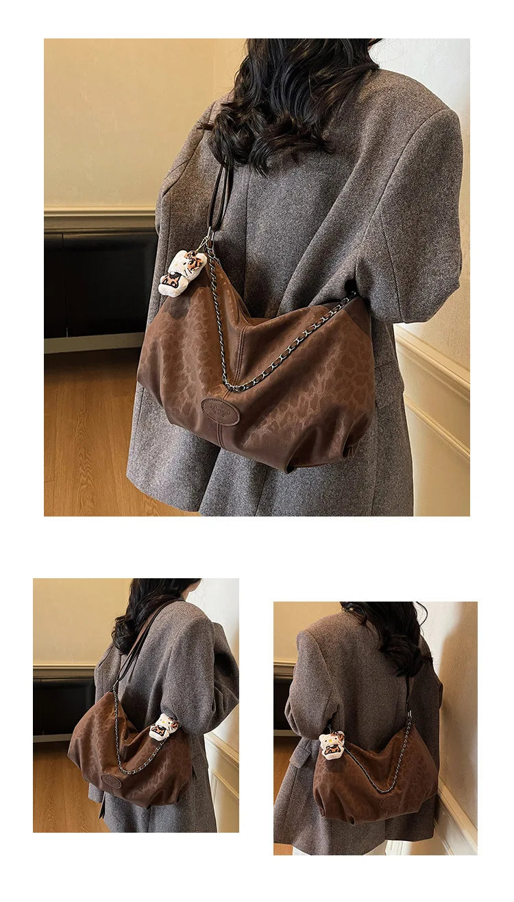 Leopard Print Commuting Crossbody Bag French Lazy Style Large Capacity