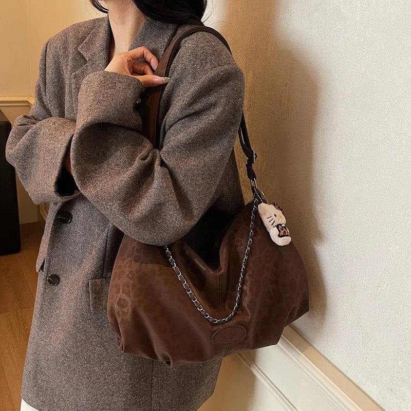 Leopard Print Commuting Crossbody Bag French Lazy Style Large Capacity