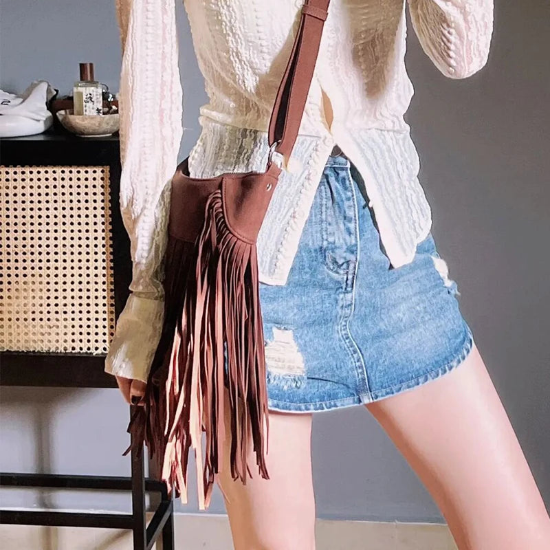 Autumn Winter Deerskin Velvet Tassel Shoulder Bag Vintage Large