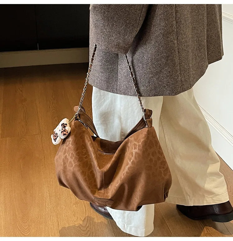 Leopard Print Commuting Crossbody Bag French Lazy Style Large Capacity