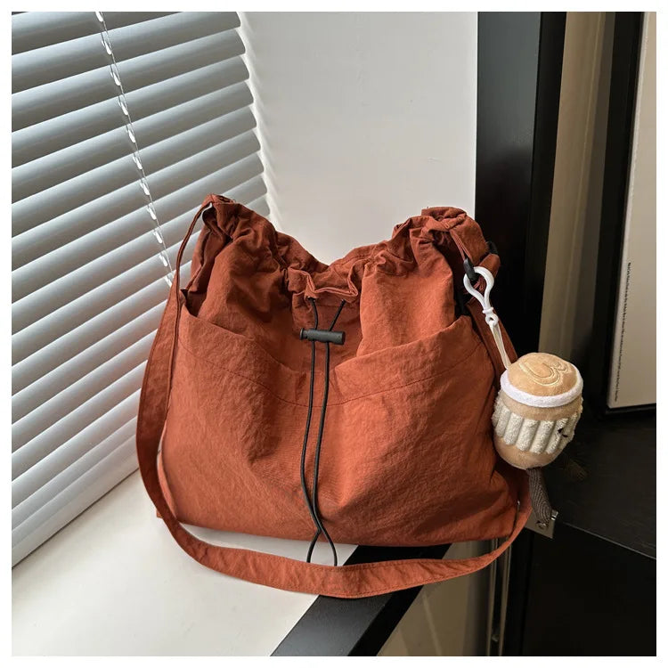 New Large Capacity Waterproof Nylon Bucket Bag, Drawstring Pleated