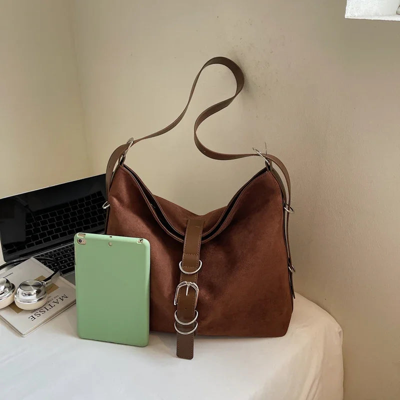 Women Autumn Winter Suede Shoulder Bag Lady Adjustable Strap Crossbody Bag