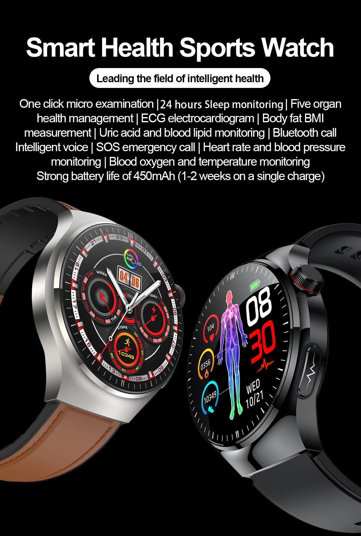 New Nursing Grade Smart Watch Blood oxygen Blood Lipid Uric Acid ECG+PPG
