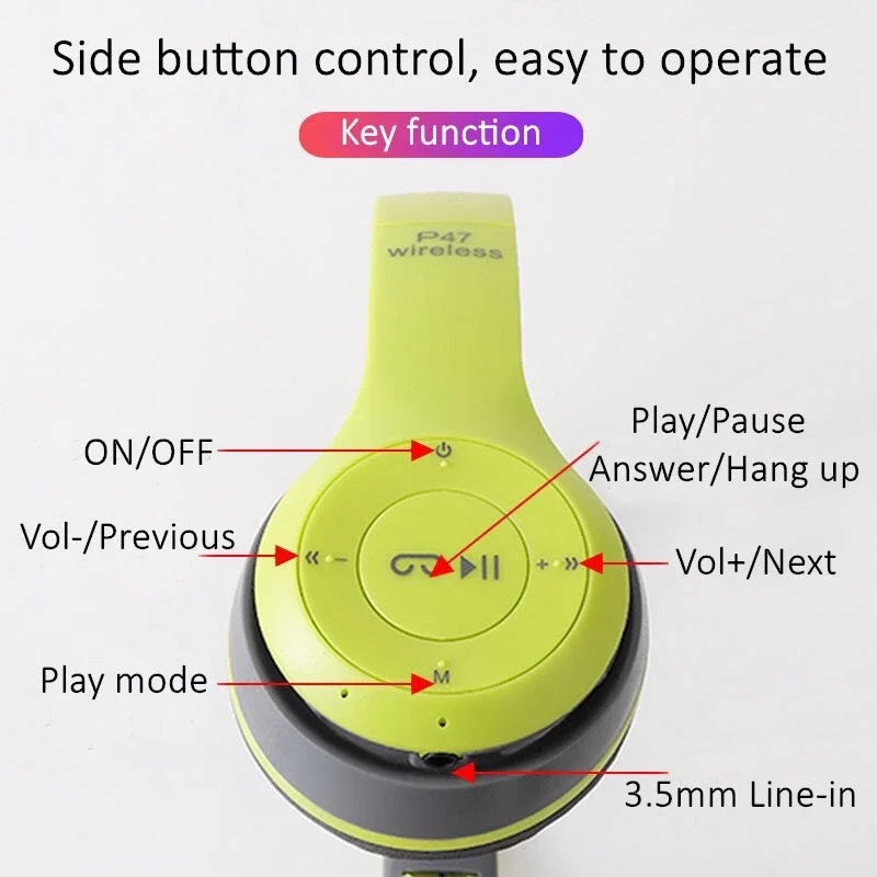 Foldable P47 Bluetooth 5.0 Wireless Headphones with Mic & USB Adaptor