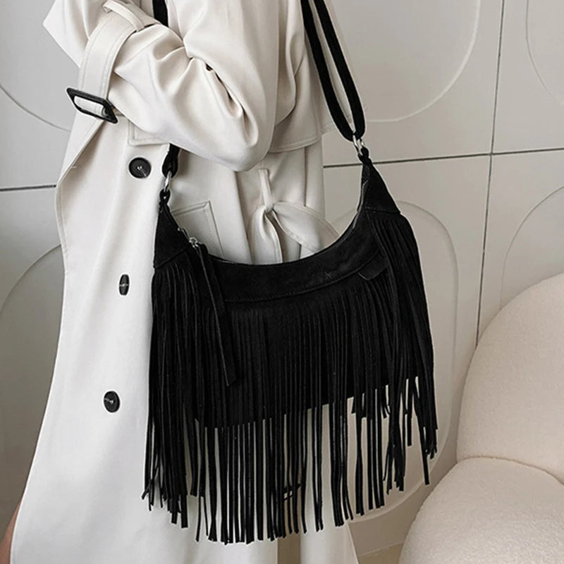 Autumn Winter Deerskin Velvet Tassel Shoulder Bag Vintage Large