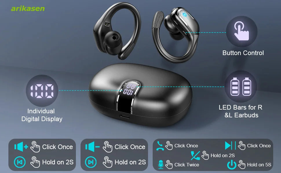 Wireless Earbud Sport Bluetooth 5.3 Headphones IP7 with Noise