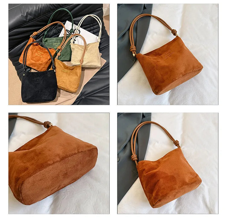 Fashion Solid Color Bucket Bag Retro Suede Tote Bag Women's Luxury