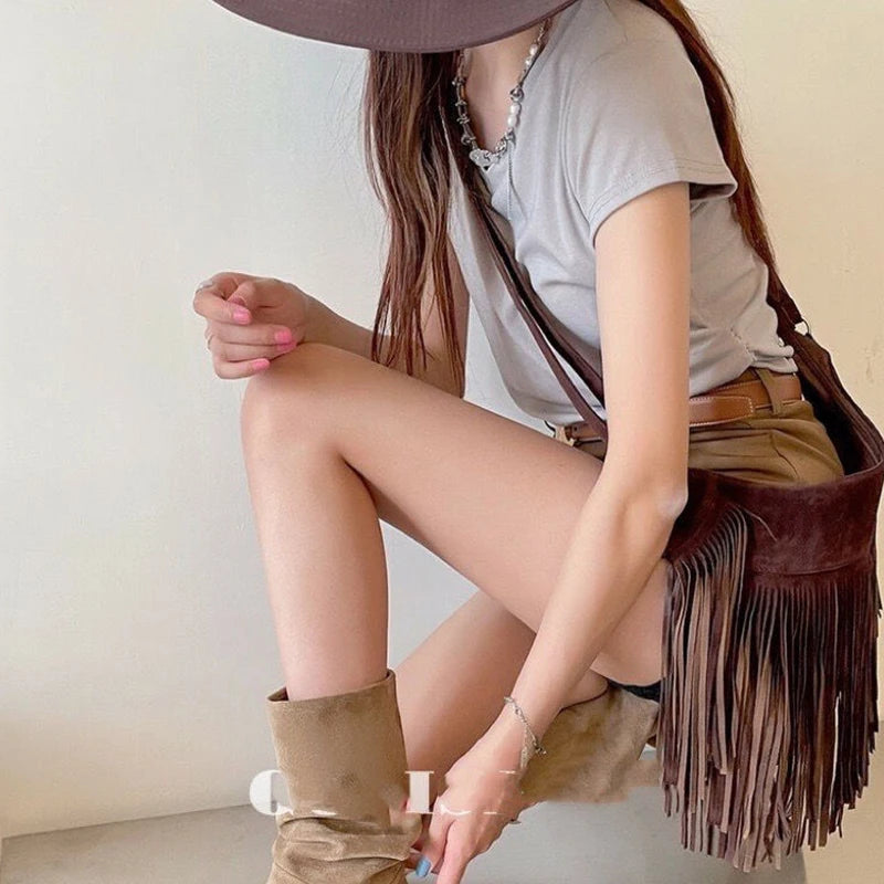 Autumn Winter Deerskin Velvet Tassel Shoulder Bag Vintage Large