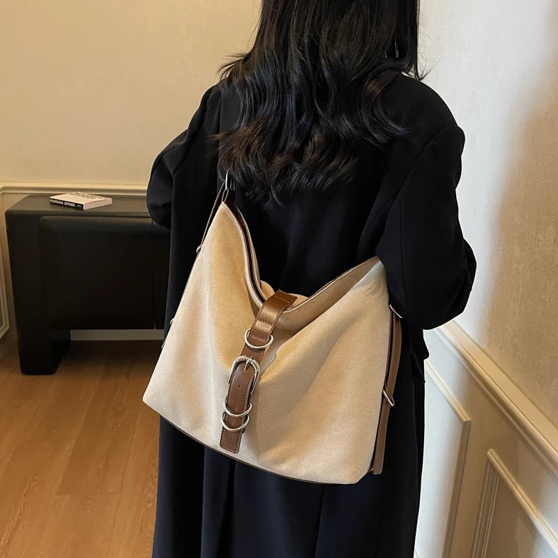 Women Autumn Winter Suede Shoulder Bag Lady Adjustable Strap Crossbody Bag
