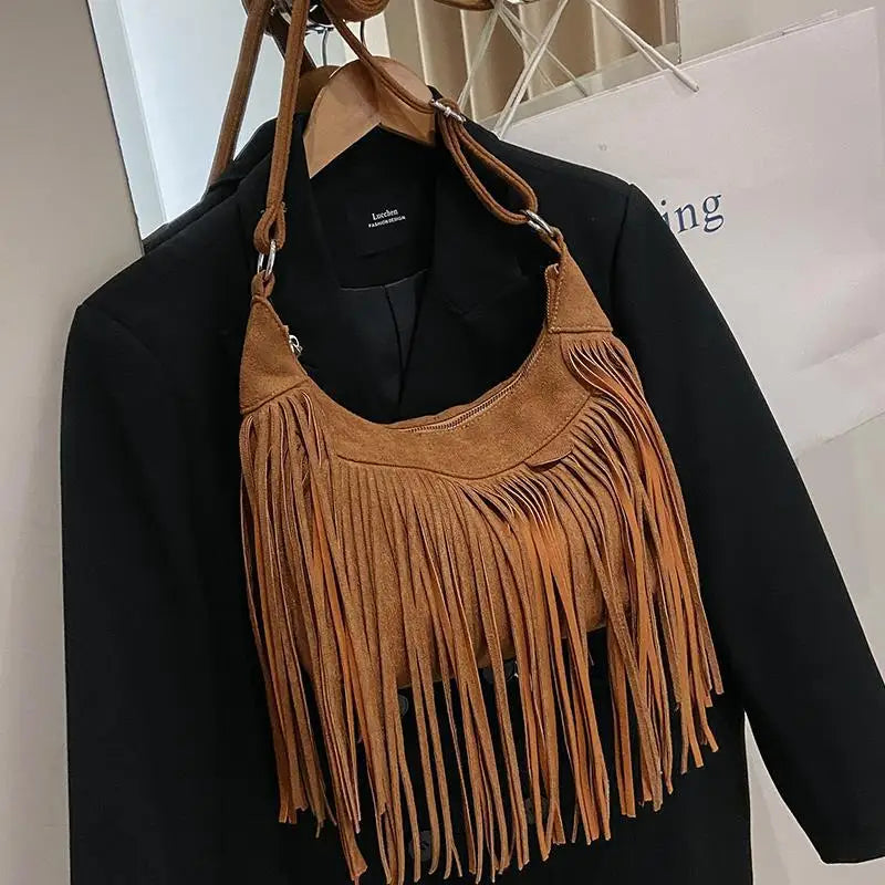 Autumn Winter Deerskin Velvet Tassel Shoulder Bag Vintage Large