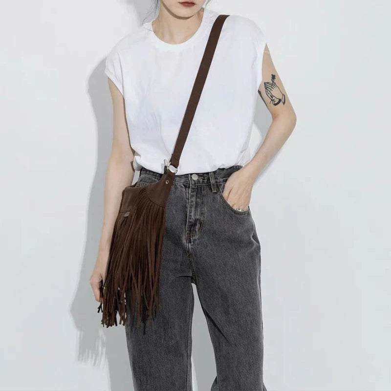 Autumn Winter Deerskin Velvet Tassel Shoulder Bag Vintage Large