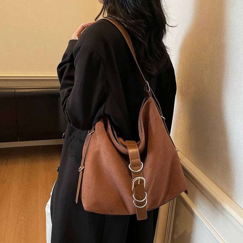 Women Autumn Winter Suede Shoulder Bag Lady Adjustable Strap Crossbody Bag