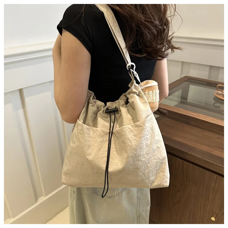 New Large Capacity Waterproof Nylon Bucket Bag, Drawstring Pleated