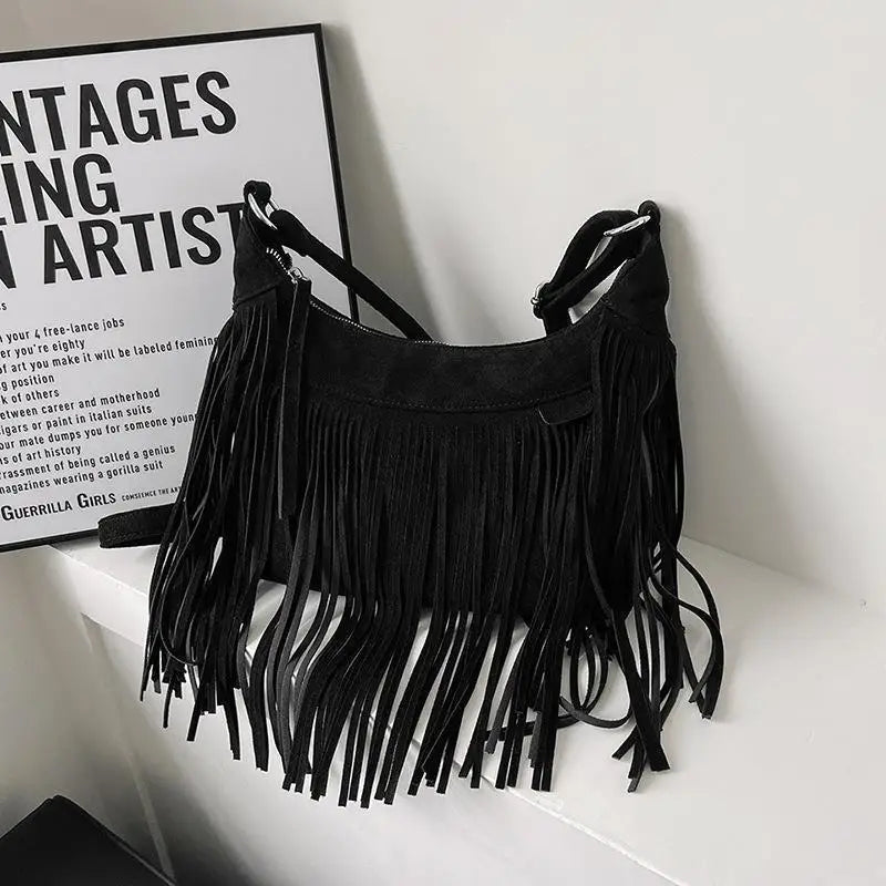 Autumn Winter Deerskin Velvet Tassel Shoulder Bag Vintage Large