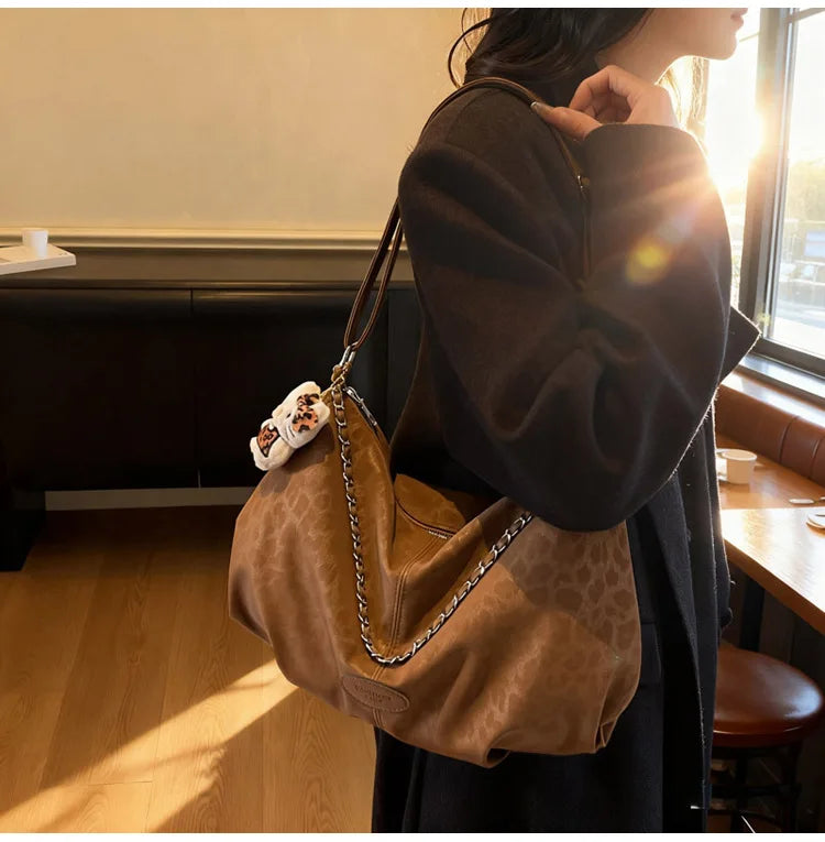 Leopard Print Commuting Crossbody Bag French Lazy Style Large Capacity