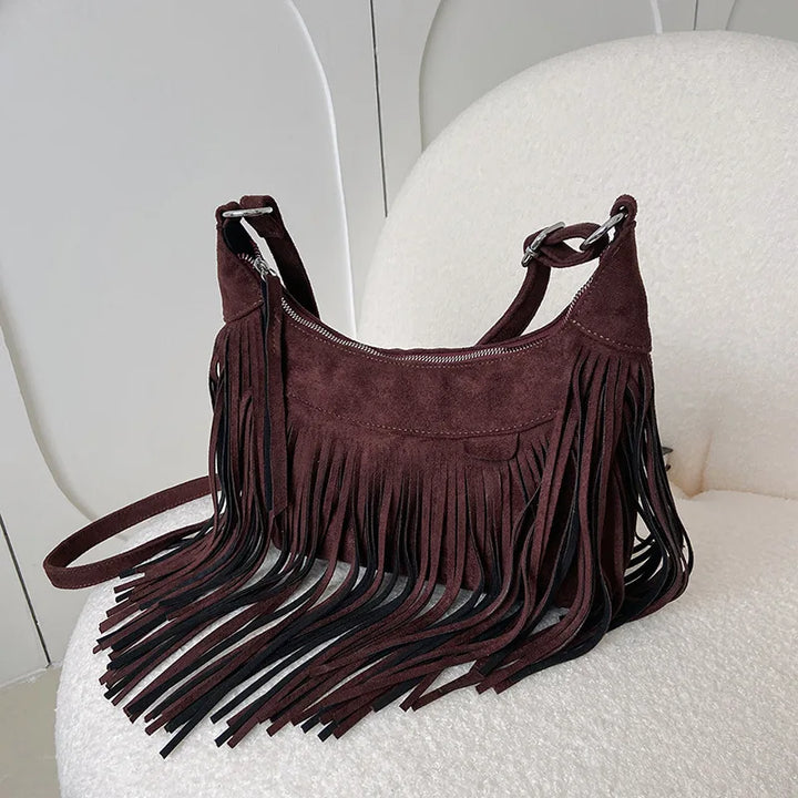 Autumn Winter Deerskin Velvet Tassel Shoulder Bag Vintage Large