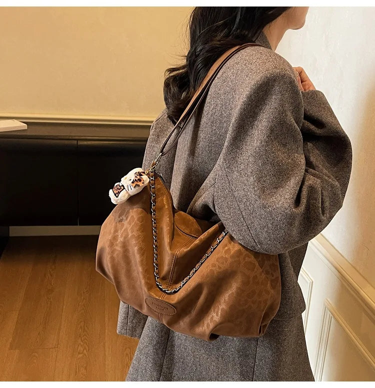 Leopard Print Commuting Crossbody Bag French Lazy Style Large Capacity