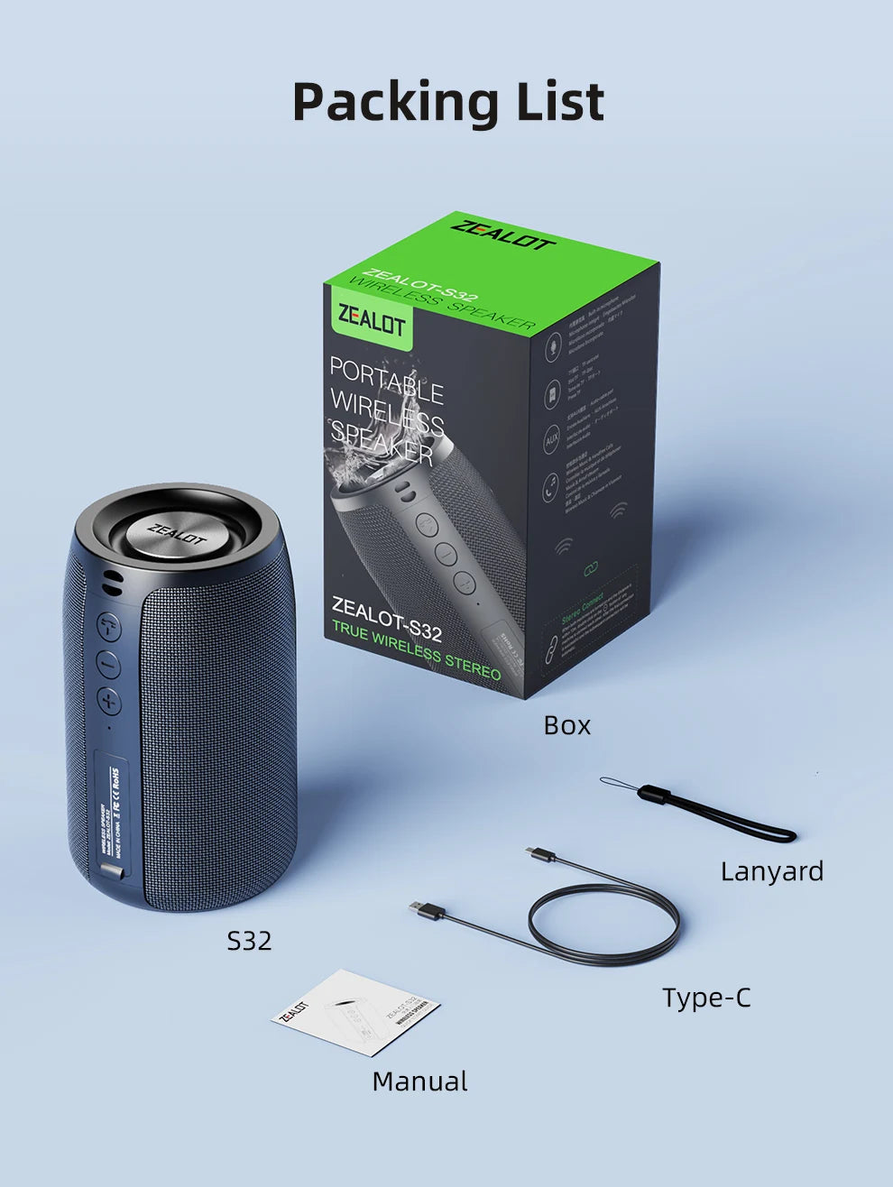 Zealot_S32 Mini Portable Speaker with TWS, Bluetooth 5.3, Balanced Bass