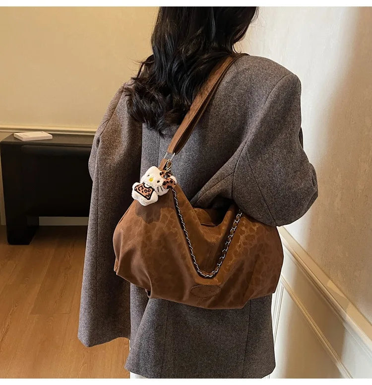 Leopard Print Commuting Crossbody Bag French Lazy Style Large Capacity