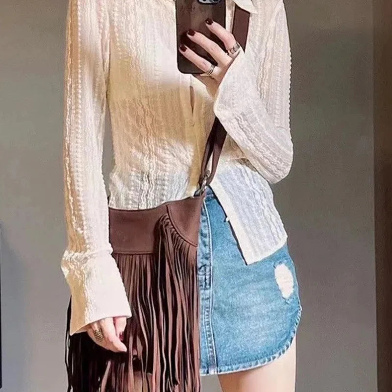 Autumn Winter Deerskin Velvet Tassel Shoulder Bag Vintage Large