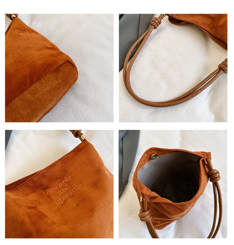 Fashion Solid Color Bucket Bag Retro Suede Tote Bag Women's Luxury