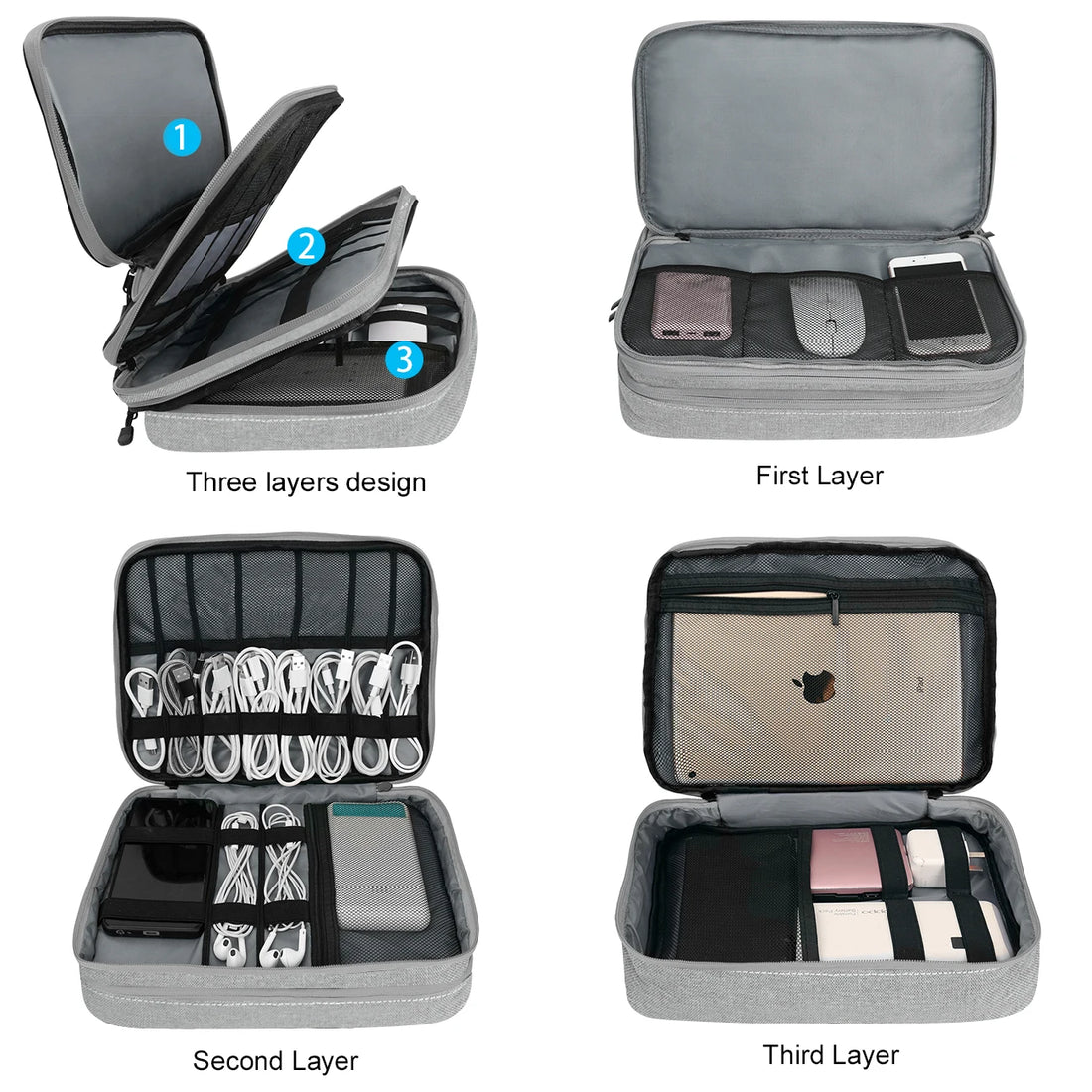 Three Layer Electronic Accessories Organizer, Storage Bag with Cable