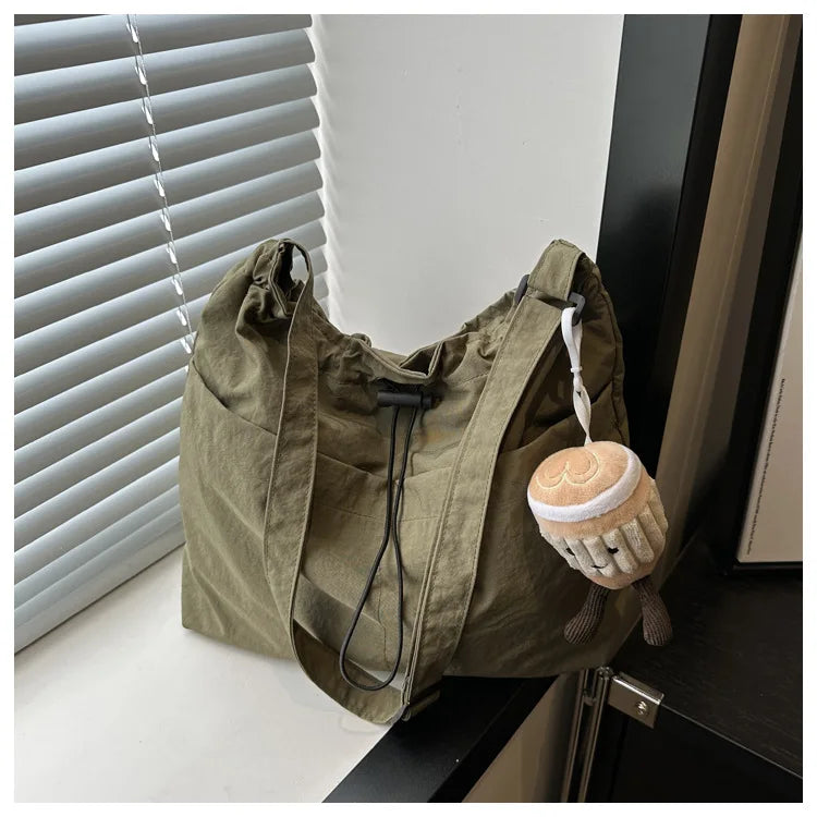 New Large Capacity Waterproof Nylon Bucket Bag, Drawstring Pleated