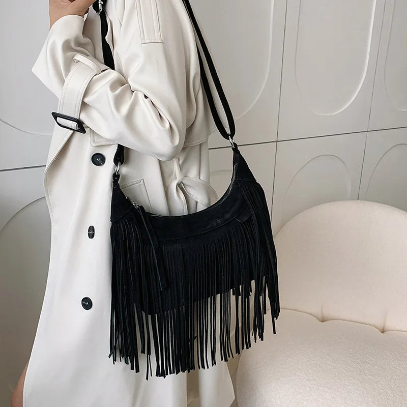 Autumn Winter Deerskin Velvet Tassel Shoulder Bag Vintage Large