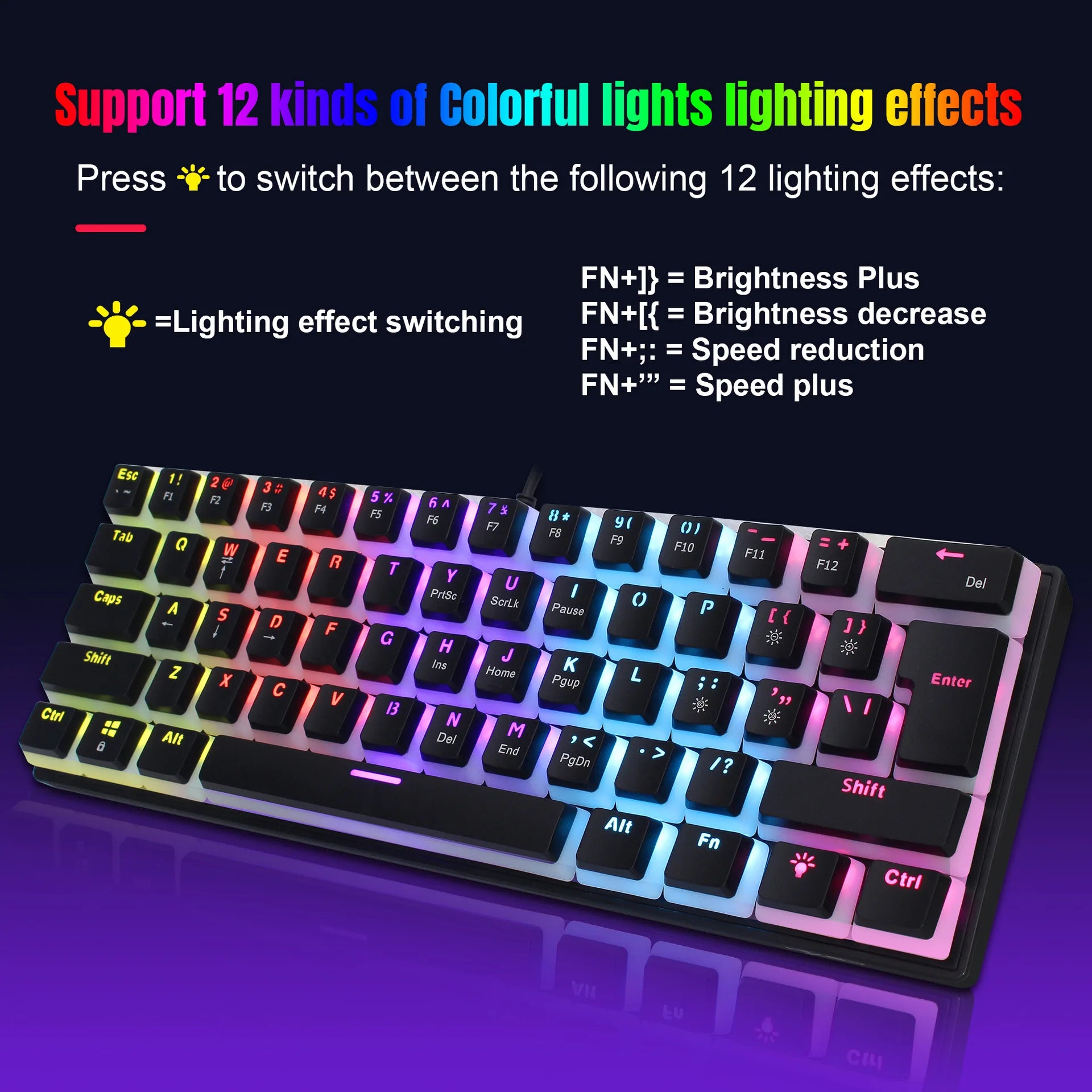 60% wired gaming keyboard, RGB backlight ultra compact mini keyboard