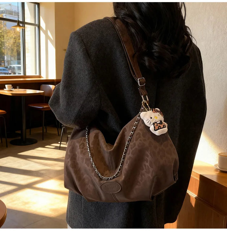 Leopard Print Commuting Crossbody Bag French Lazy Style Large Capacity