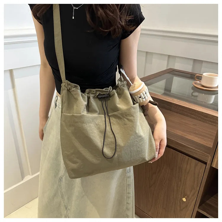 New Large Capacity Waterproof Nylon Bucket Bag, Drawstring Pleated