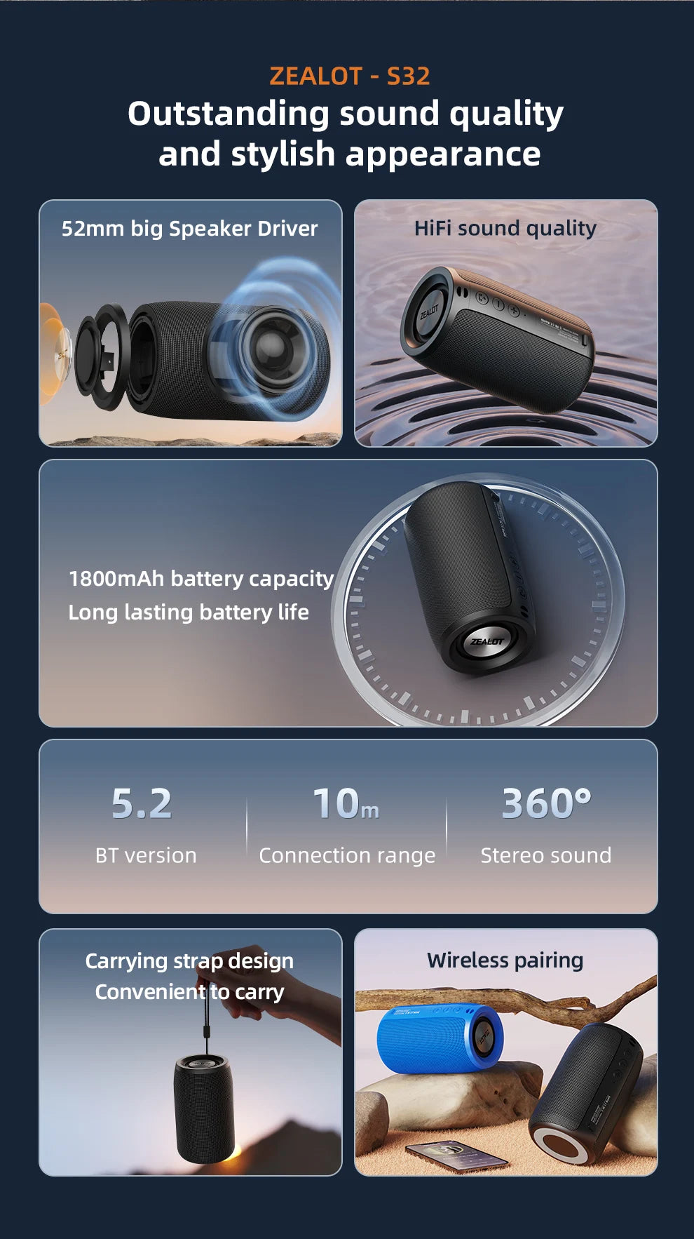 Zealot_S32 Mini Portable Speaker with TWS, Bluetooth 5.3, Balanced Bass