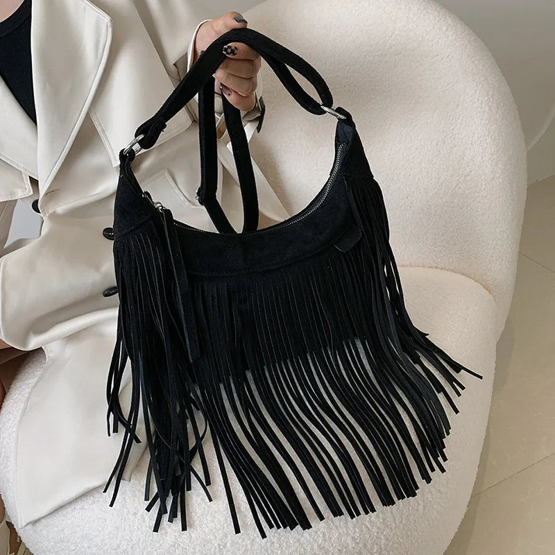Autumn Winter Deerskin Velvet Tassel Shoulder Bag Vintage Large