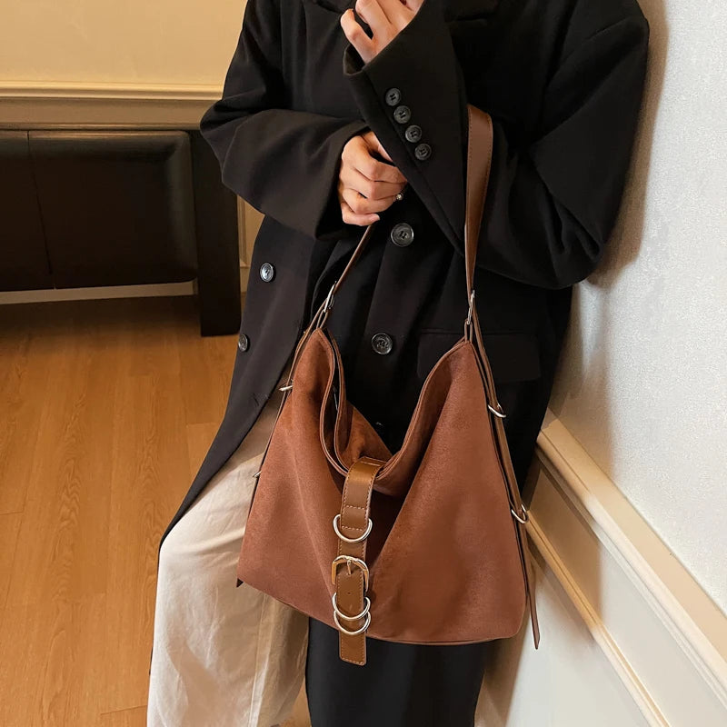 Women Autumn Winter Suede Shoulder Bag Lady Adjustable Strap Crossbody Bag