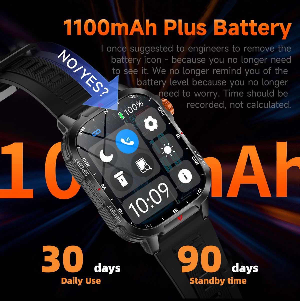 New Smart Watch Waterproof 2.01-inch Screen Flashlight Compass 1100mAh