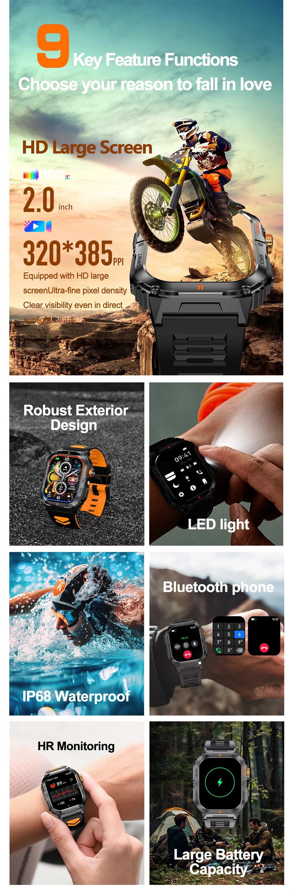 Newest Clock Outdoor Sports Smart Watch LED Flashlight Waterproof Heart