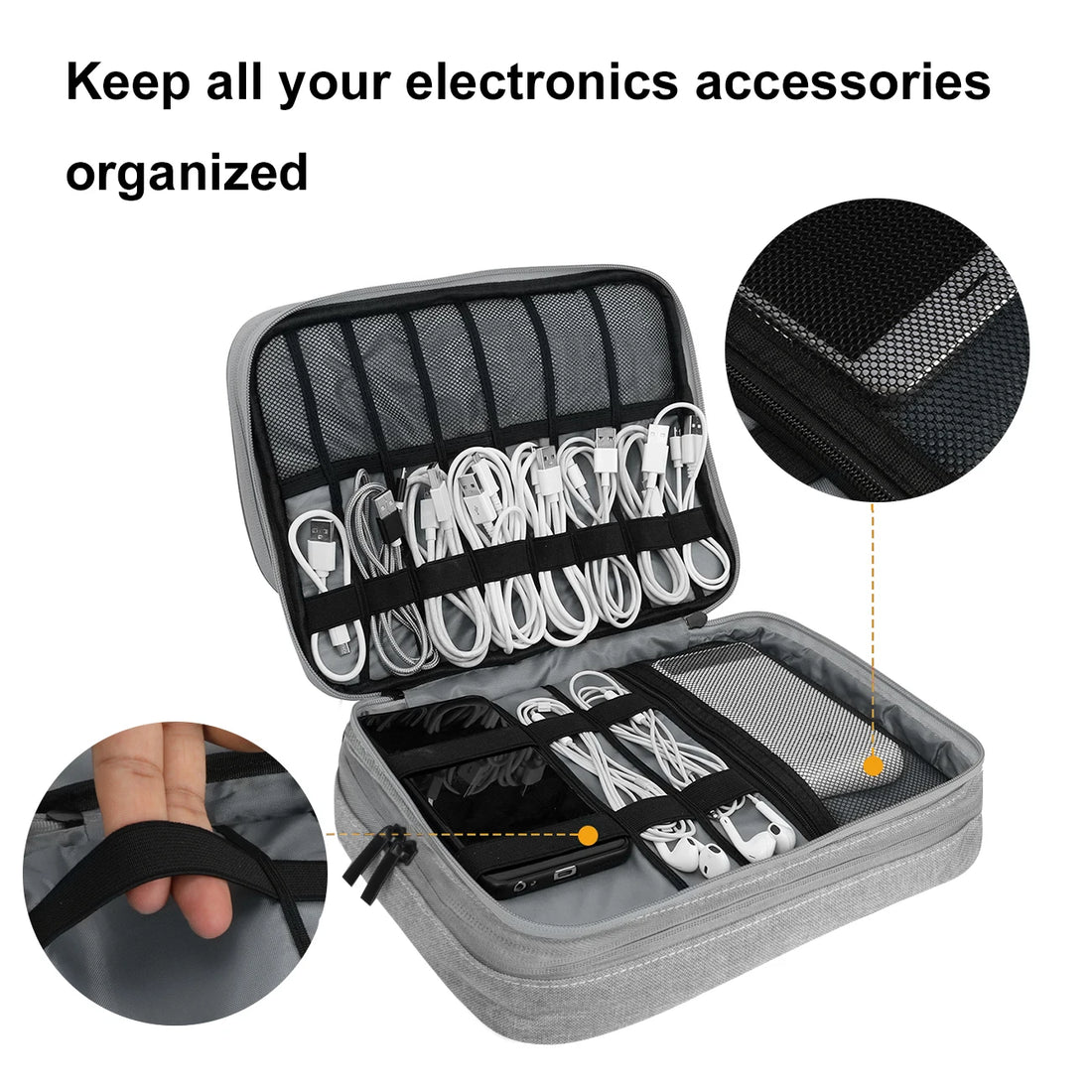 Three Layer Electronic Accessories Organizer, Storage Bag with Cable