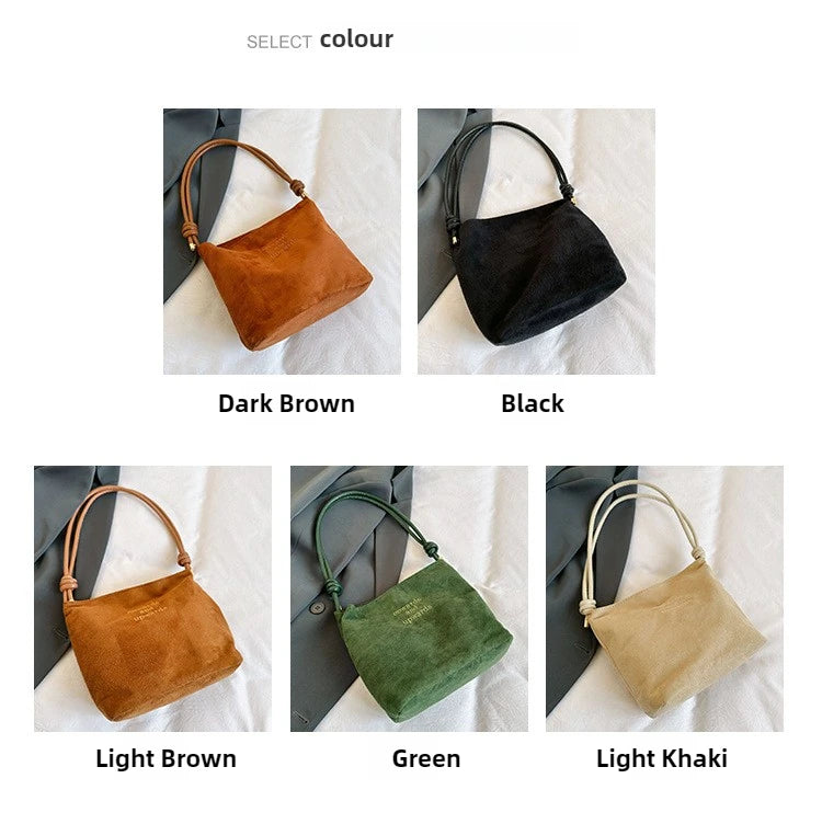 Fashion Solid Color Bucket Bag Retro Suede Tote Bag Women's Luxury
