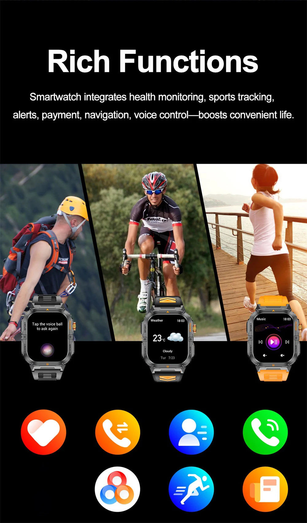 Newest Clock Outdoor Sports Smart Watch LED Flashlight Waterproof Heart