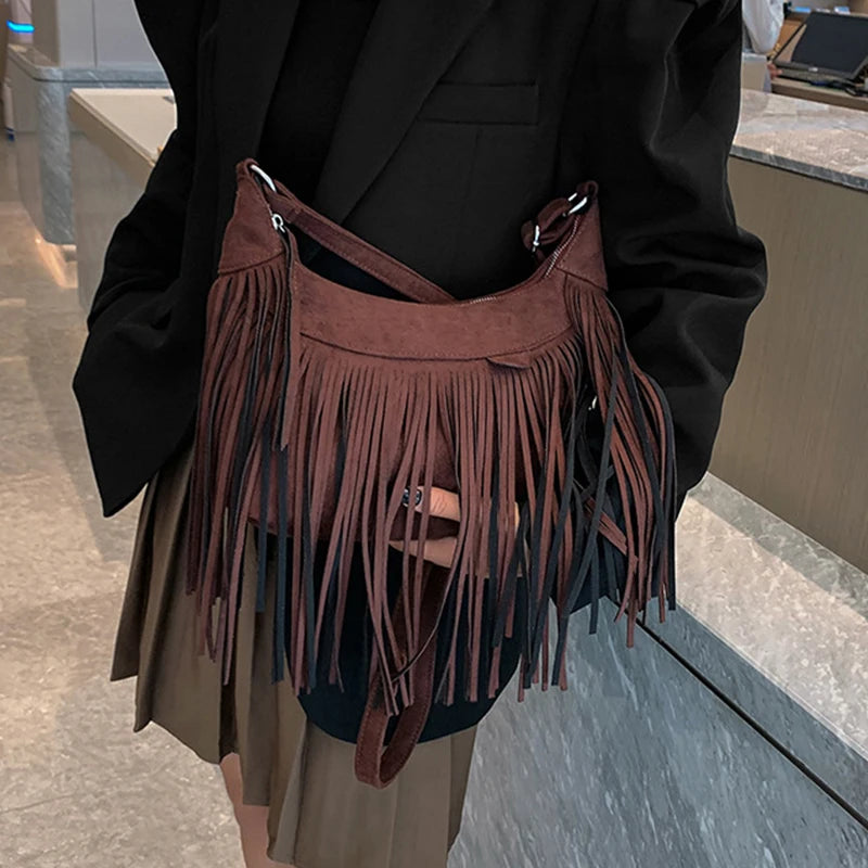 Autumn Winter Deerskin Velvet Tassel Shoulder Bag Vintage Large