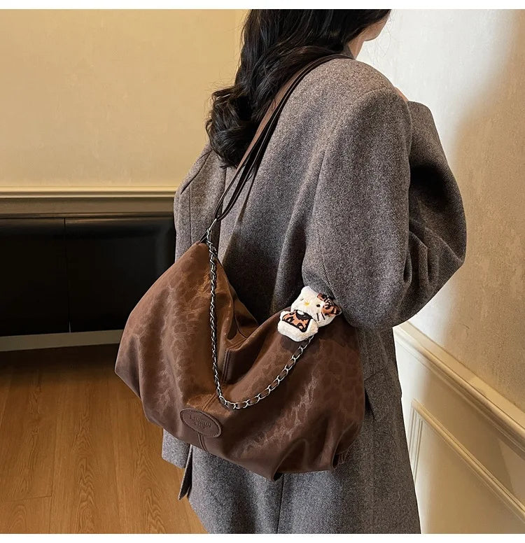 Leopard Print Commuting Crossbody Bag French Lazy Style Large Capacity