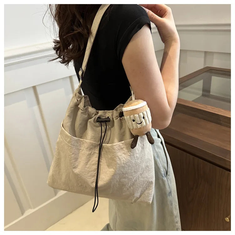 New Large Capacity Waterproof Nylon Bucket Bag, Drawstring Pleated