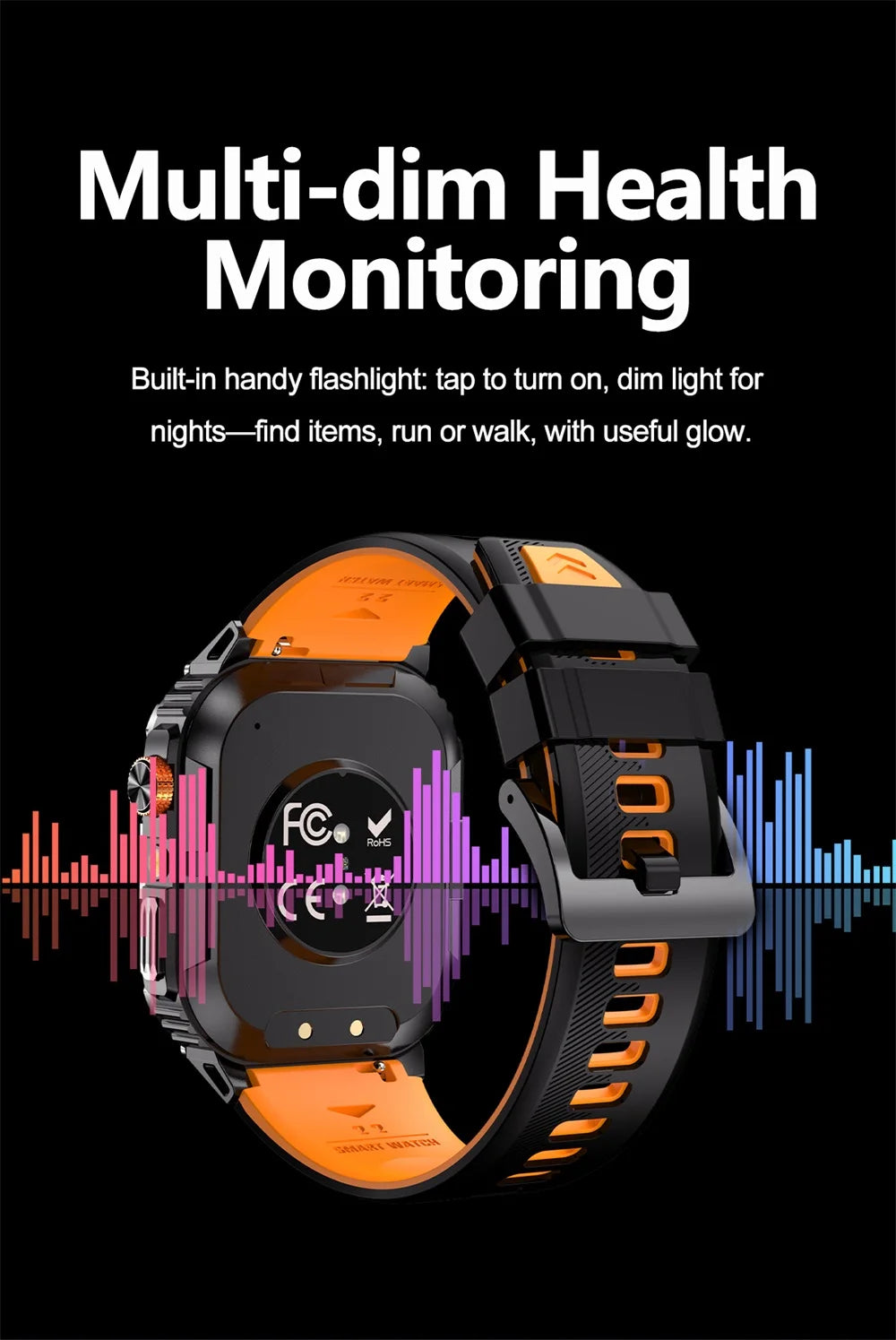 Newest Clock Outdoor Sports Smart Watch LED Flashlight Waterproof Heart