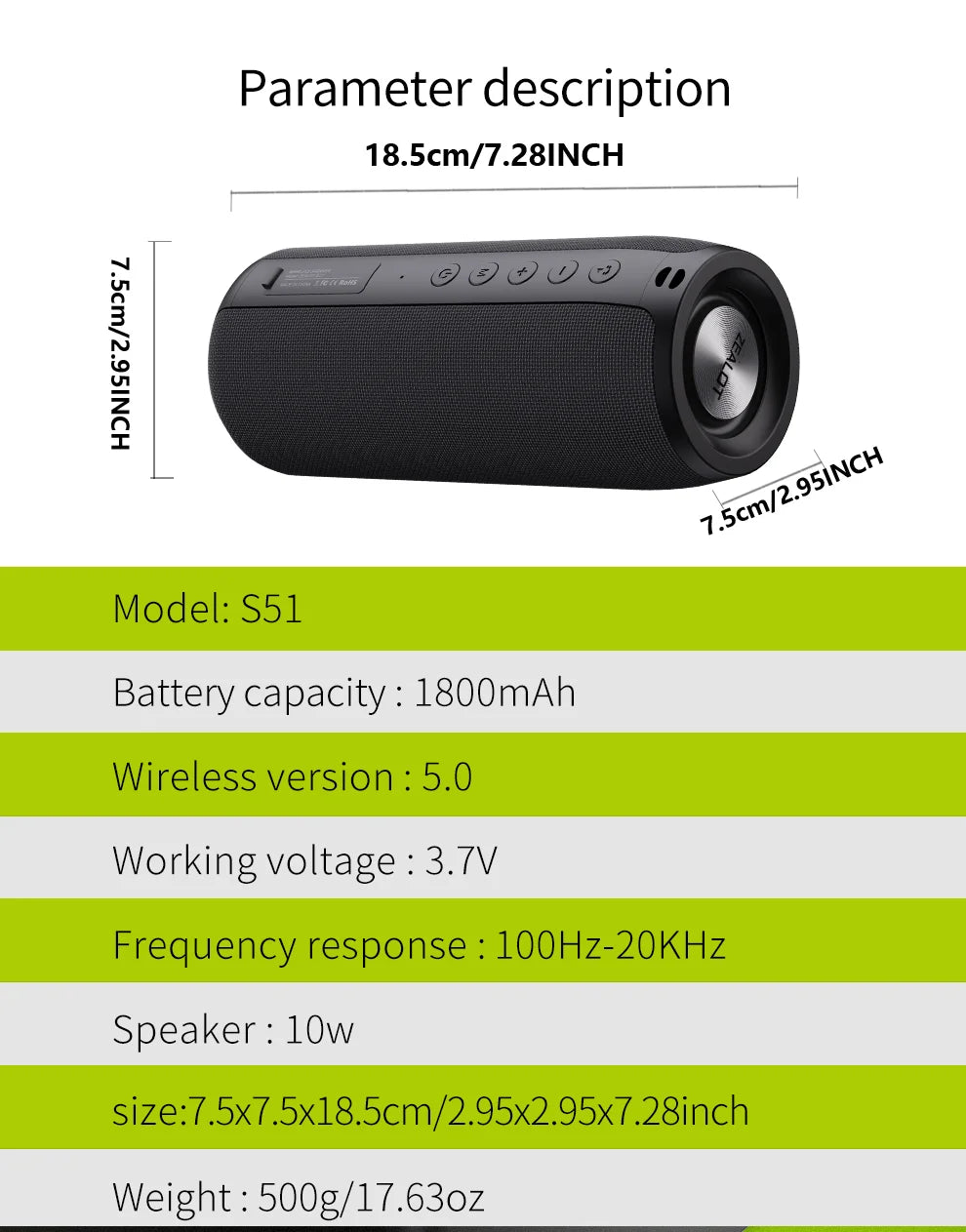 Portable Speaker S51 20W Power 1800mAh Battery 10 Hours Playtime