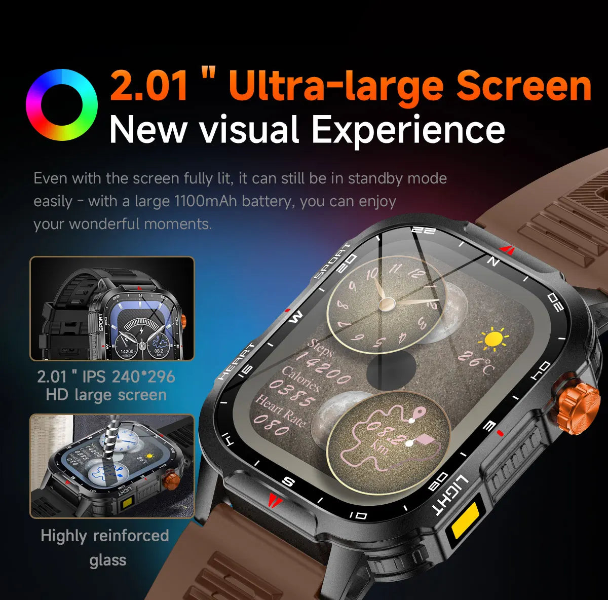 New Smart Watch Waterproof 2.01-inch Screen Flashlight Compass 1100mAh