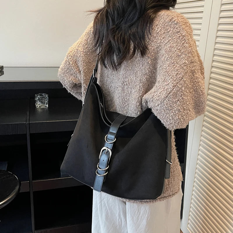 Women Autumn Winter Suede Shoulder Bag Lady Adjustable Strap Crossbody Bag