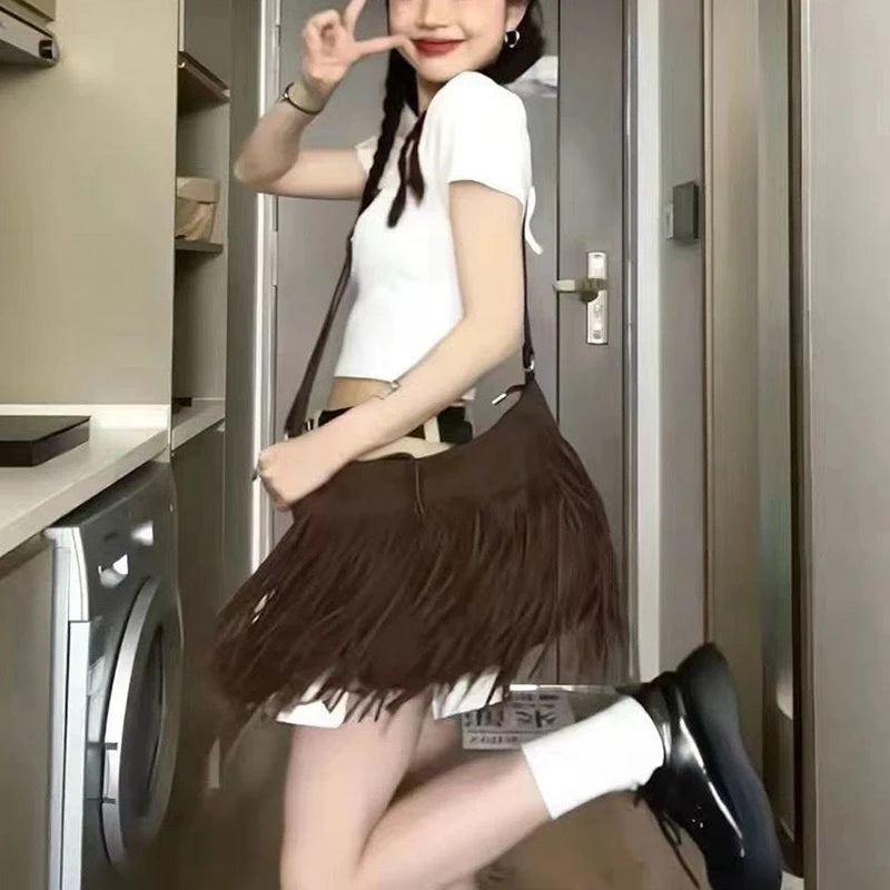 Autumn Winter Deerskin Velvet Tassel Shoulder Bag Vintage Large